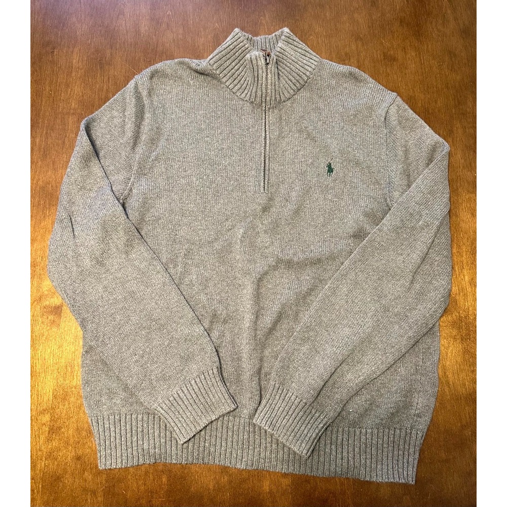 Polo Ralph Lauren Sweater Mens Large Gray 1/4 Zip Cotton Mock Neck Ribbed Hem